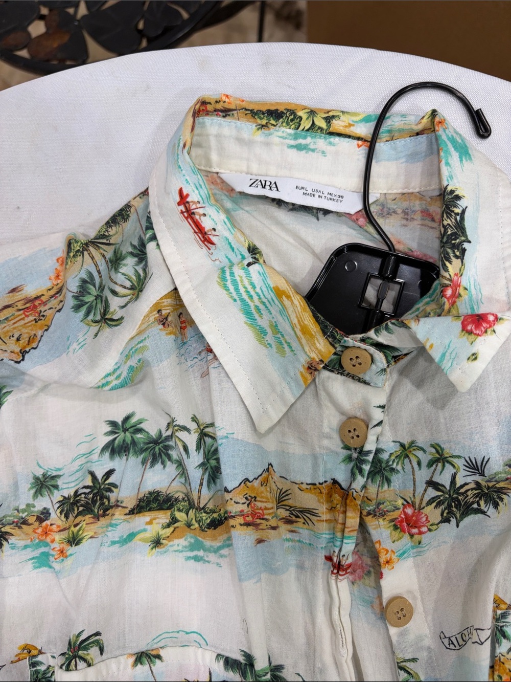 ZARA White Tropical Print Button-Down with Aqua & Yellow Accents